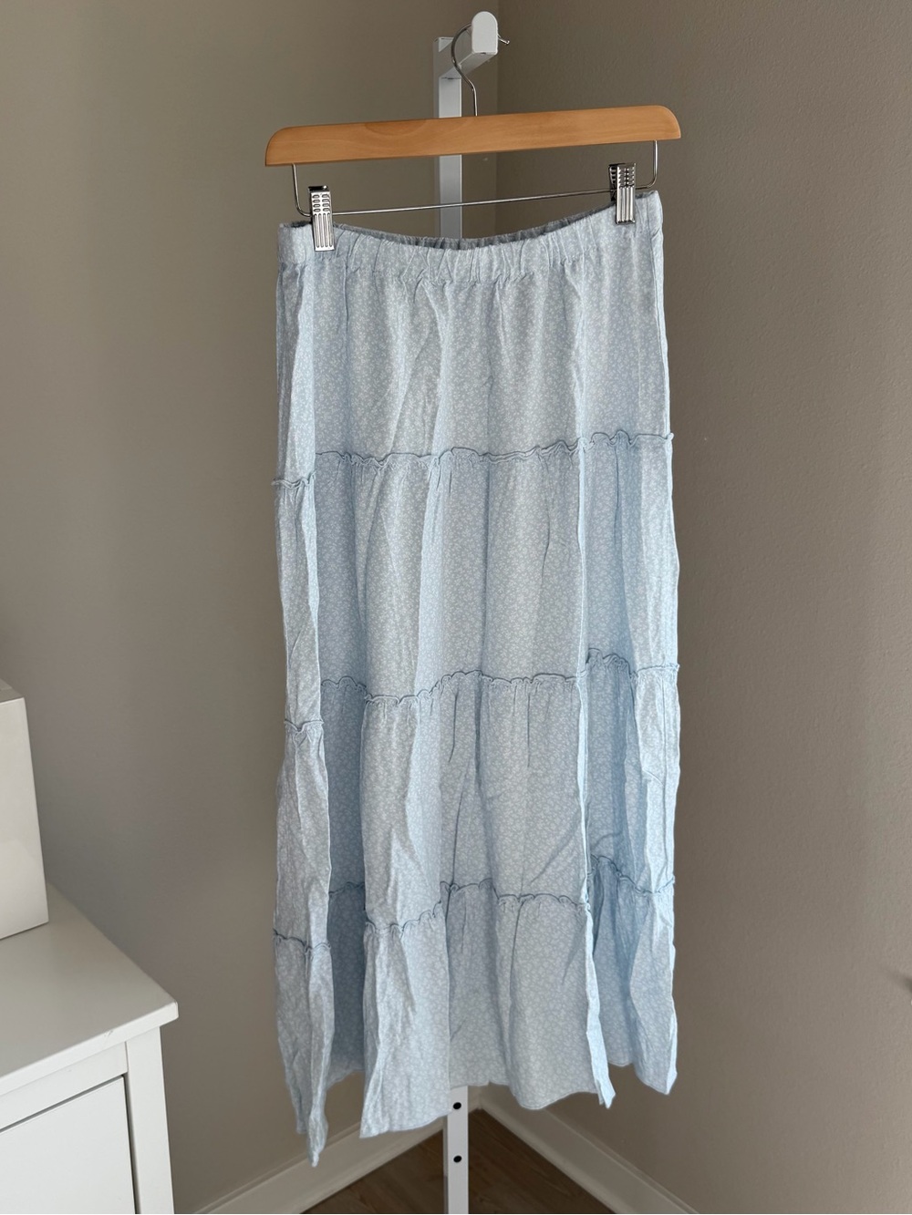 Brandy Melville Light Blue Tiered Maxi Skirt with Ditsy Print